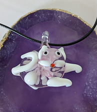 Murano large white & pink flower cat glass pendant on black thong necklace d09