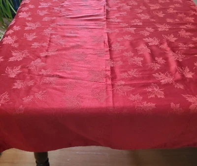 Red Jacquard Tablecloth 80" x 57" Maple Leaf Satin Holidays Harvest Valentines - Image 1 of 4