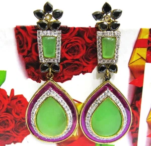 Fabulous Green Chalcedony & American Diamond Gemstone Stud Earrings Jewelry. - Picture 1 of 4