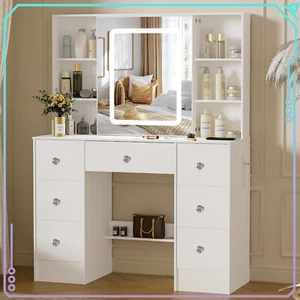 Dressing Table Vanity Makeup Desk 7 Drawers w/ LED Mirror USB Outlet Dresser - Picture 1 of 9