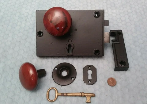 Russell & Erwin Carpenter Style Rim Lock Restored w/ Porcelain Glass Knobs Cover