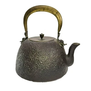 Japanese Cast Iron Teapot Antique Tetsubin Floral Brass Handle CT404 - Picture 1 of 9