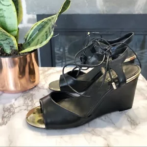 Aldo Leather Lace Up Wedges Black Gold Sz 9 - Picture 1 of 4