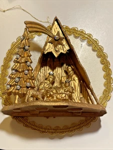 Vintage Weihnachtskrippe Maria Josef Jesus Gold Diorama Szene Ornament - Bild 1 von 4