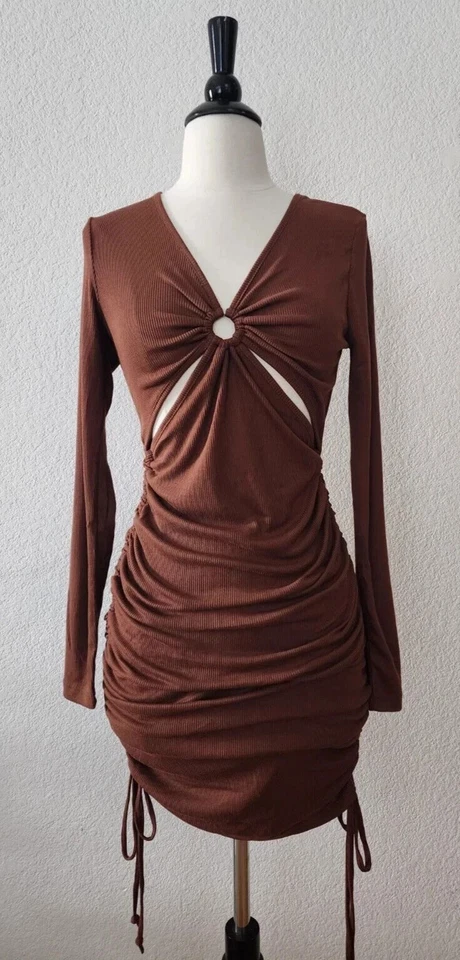 Urban Outfitters Dress New Size Large Brown Cut Out Ruched Sides Long Sleeve - Image 1 of 4