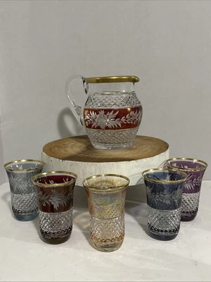 Богемский тяжелый кристалл цвет наложения с золотой отделкой кувшин с 5 многоцветными стеклами - Изображение 1 из 4