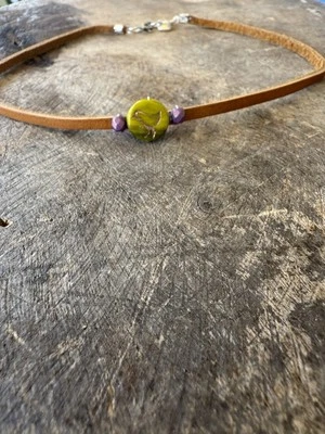 Light Brown Leather Cord Czech Glass Jungle W Copper Bird Handmade Boho Choker - Image 1 of 4