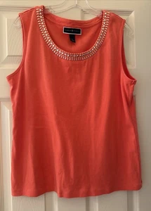 Women’s Karen Scott SZ L Orange Tank Top Jeweled Neck 100% Cotton Summer Comfy - Picture 1 of 10