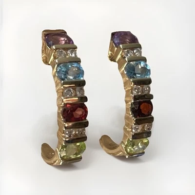 14KT 黄金多色宝石半环新月耳环 3.09 克 — 第 1/4 张图片