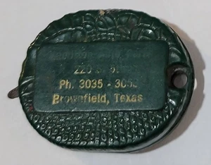 Cinta métrica de bolsillo publicitaria vintage Brownfield Texas hecha en EE. UU. verde redonda - Imagen 1 de 9