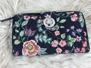Vera Bradley Floral Quilted Cotton RFID Turnlock Wallet Organizer Blue Pink - Picture 1 of 5