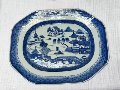 Antique Chinese Canton Porcelain Blue Export Platter 13.5" x 10" (c. 1800-1860) - Image 1 of 4