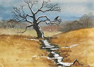 PRINT OF ACEO PAINTING RYTA RAVEN LANDSCAPE WINTER VINTAGE STYLE XMAS Halloween - Picture 1 of 1