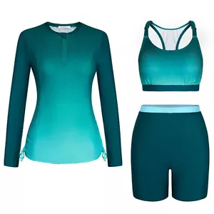 JASAMBAC 3-Piece Rash Guard Swimsuit UPF 50+ Long Sleeve/Bikini/Shorts Size 8-10 - Picture 1 of 6