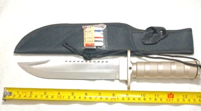 Охотничий нож для выживания 13,75 дюйма с набором для выживания — серебристая хромированная алюминиевая ручка - Изображение 1 из 4