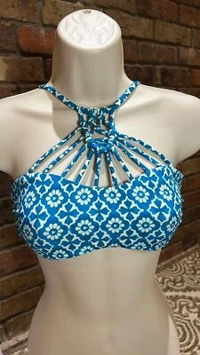 Tori Praver bikini top size large Teal Blue Geometric Design Crochet type - Image 1 of 4