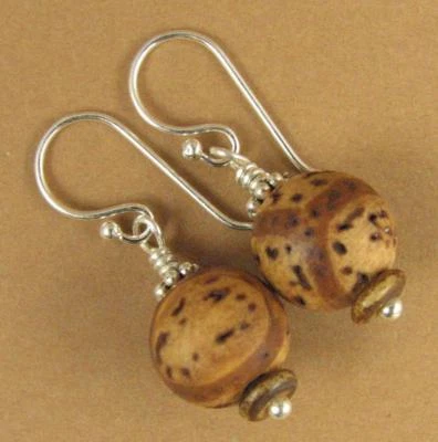 Tibetan mala bead earrings. Wooden. Round. Sterling silver 925. Handmade. - Image 1 of 4