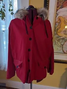 Giacca a vento vintage Best & Co Fith Ave Byrd tessuto rosso pioggia intrecciata cappuccio in pelliccia di coniglio - Foto 1 di 24