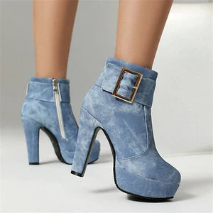Women's Denim Ankle Boots Side Zip with Metal Buckle Platform Fashion Shoes - Picture 1 of 13