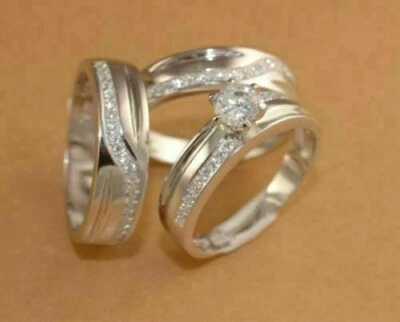 1.50Ct Lab Created Diamond Wedding His & Her Trio Ring Set 14K White Gold Plated - Image 1 of 3