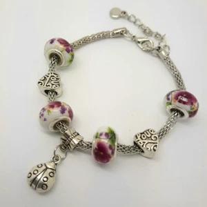New Silver Snake Chain Bracelet With Love Charms & Pretty Painted Beads, UK - Picture 1 of 6