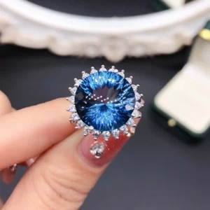 12Ct Firework Cut London Blue Topaz Halo Engagement Ring 925 Sterling Silver - Picture 1 of 6