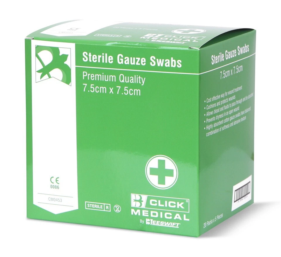 Click Medical Gauze Swabs 7.5cm x 7.5cm Sterile - 100 pack - 20 packs of 5