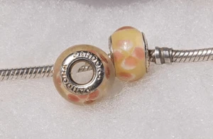 Set of 2 NEW Pandora Cream Murano Glass Beads w/Pink & White Flowers - Picture 1 of 2