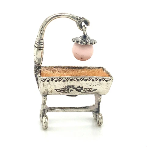 Vintage Sterling Art Deco Victorian Baby Cradle with Pearl Lamp Miniature Figure Cover
