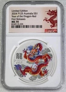 2024 Australia Lunar RED Dragon 1 oz Silver P125 Limited Edition FR NGC MS70 - Picture 1 of 3