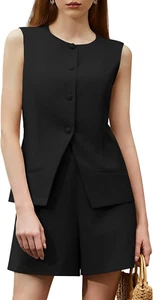 Women'S Summer 2 Piece Outfits Sleeveless round Neck Button down High Waisted Pa - Picture 1 of 6
