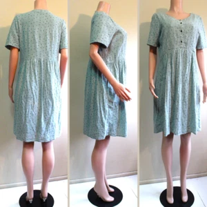 Washed Teal Cotton Market Dress L Knee Length Ditsy S/Sleeve Button Pink Blush - Picture 1 of 10