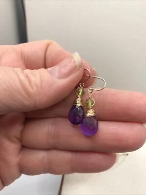 14k Natural Amethyst Peridot Earrings Briolette Dangle Handmade - Image 1 of 4