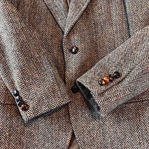 Vintage Harris Tweed Blazer Mens 38 Short Brown 100% Wool Chevron Sports Coat - Picture 1 of 21