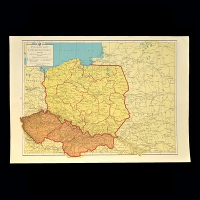 Mapa posterior a la Segunda Guerra Mundial de POLONIA y Checoslovaquia arte de pared decoración Varsovia FECHADO 1947 Foto 1 de 4