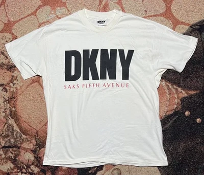 DKNY Saks Fifth Avenue Graphic Tee White XL Vintage Y2K USA Made - Image 1 of 4