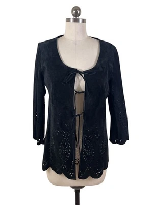 Chaqueta cárdigan Danier Y2K de gamuza de cuero para mujer XS negra festoneada caprichosa Foto 1 de 4