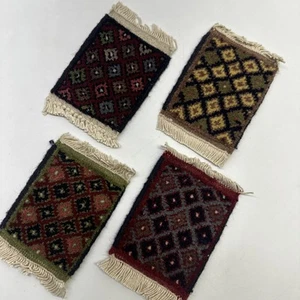 Hand Woven Wool Afghan Style Coasters Rug Mugs Mini Rugs Red Brown Green - Picture 1 of 12