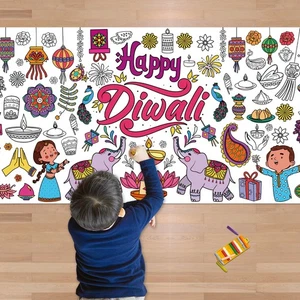 Giant Diwali Coloring Poster  Tablecloth - 30x72 Kids Crafts Decor - Picture 1 of 7