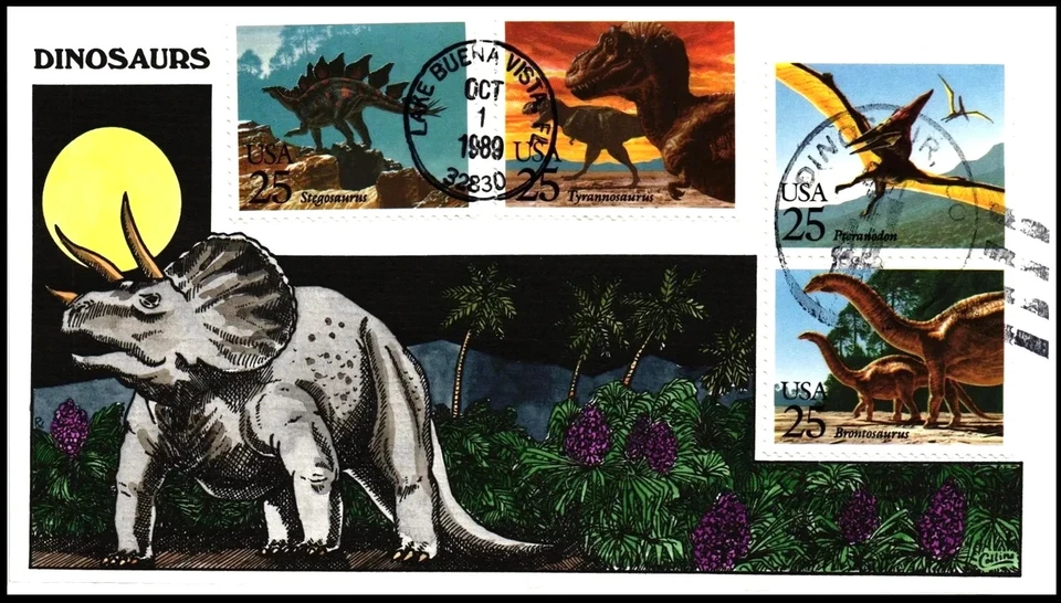 US COVER DINOSAURS FDC COMBO DUAL CANCEL COLLINS HAND PAINTED - Image 1 of 1