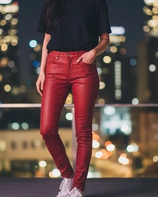 Alice + Olivia Red Lamb Leather Skinny Low Rise Y2K Punk Rockabilly Pants Sz 27 - Image 1 of 4