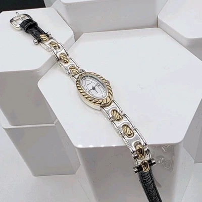 Женские часы Brighton Baja двухцветный овальный циферблат черный кожаный ремешок новый аккумулятор - Изображение 1 из 4