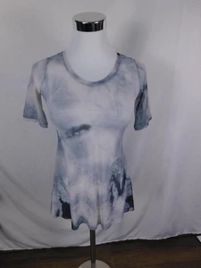 Tie Dye Mesh Shirt Womens Medium Gray White Sheer Scoop Neck Short Sleeve Soft - Picture 1 of 9