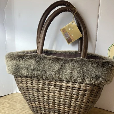 Bolsa de vime tecido Bath & Body Works pele sintética cabo de couro sintético forrado de pano boho - Imagem 1 de 4