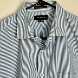 Camicia elegante Lands' End 17 35 No Iron Pinpoint Oxford blu a righe manica lunga - Foto 1 di 8