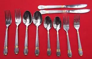 Ten Gold & Silver Lines Pattern Two 5 Piece Place Sets Stainless Flatware China - Picture 1 of 12