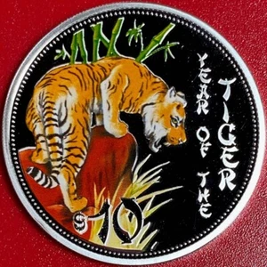2010 COOK ISLANDS $10 SILVER PROOF TIGER BAMBOO COLORIZED WILDLIFE RARE COIN!!! - Picture 1 of 6