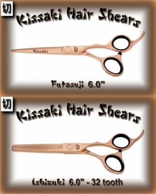 Combo tesoura de corte de cabelo Kissaki 6,0" e tesouras de desbaste 32 dentes ouro rosa - Imagem 1 de 3