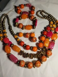 Erica Lyons 4 Piece Orange Beaded Necklace Bracelets Pierced Earrings 1990s Set