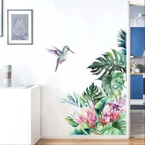 Protea Beautiful Flower Tropical Leaves Hummingbird Corner Decal Removable Decal - Picture 1 of 7